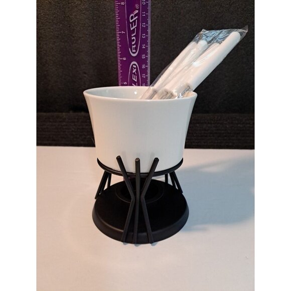 NIB Fondue Set Swissmar Kindle 6 Pc Forks White Ceramic Bowl Black Metal Stand - Picture 2 of 8